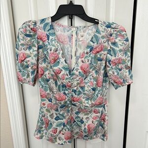 Rebecca Taylor | Floral Puff Sleeve Top - Pink and Green